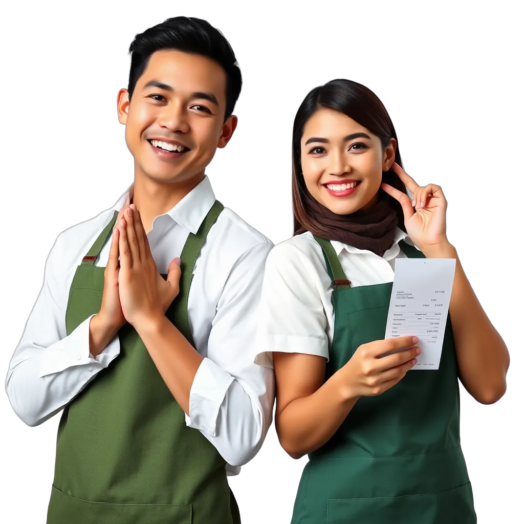 Dua barista kafe memakai baju putih dan celemek hijau tersenyum ramah melayani transaksi kasir