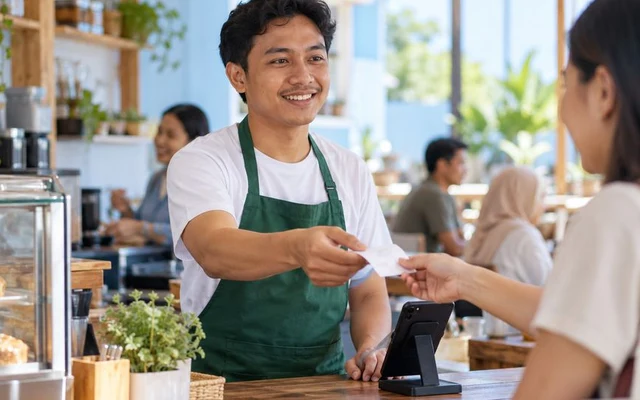 Kasir melayani transaksi dari HP saat offline di outlet